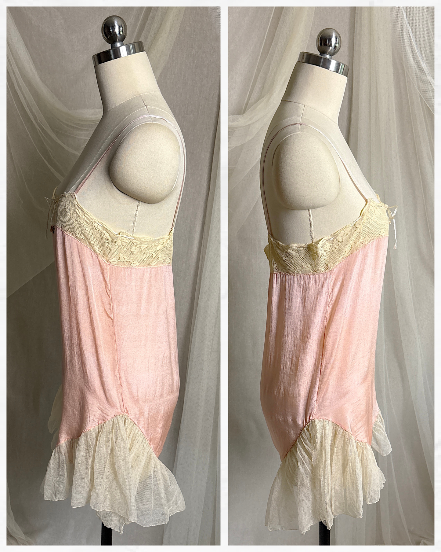 Antique 1920's Step-in Chemise - Tea Rose Pink Silk with Ivory Ruffled Cotton Tulle | XXS, XS