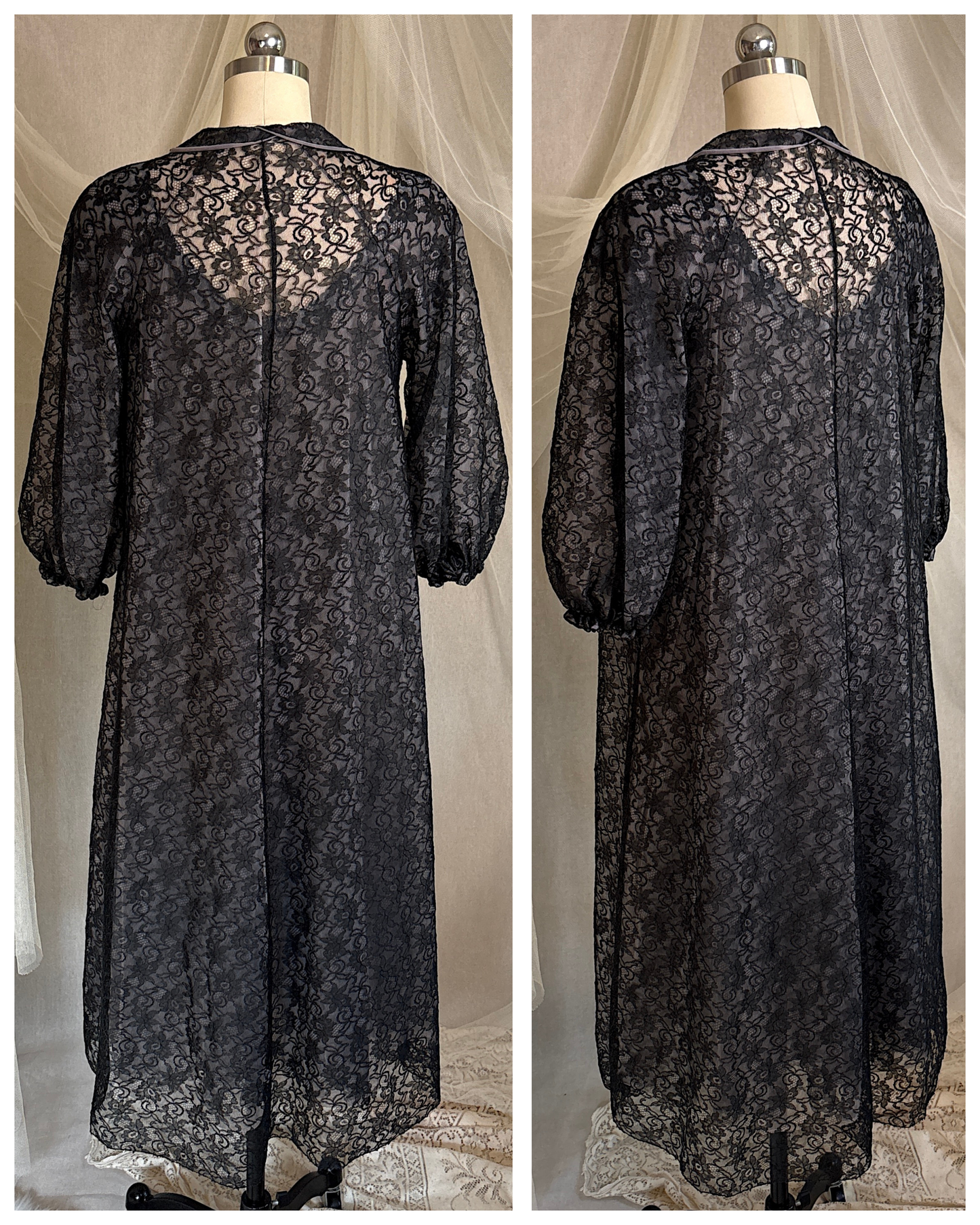 Vintage 1950's - 1960's Peignoir & Nightgown Set - Powder Pink Nylon Chiffon with Black Lace Overlay by Radcliffe | XS, S