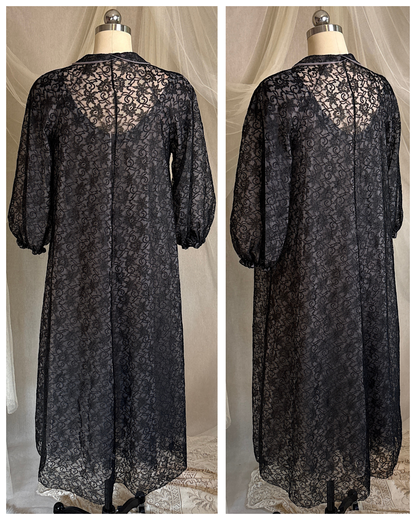 Vintage 1950's - 1960's Peignoir & Nightgown Set - Powder Pink Nylon Chiffon with Black Lace Overlay by Radcliffe | XS, S