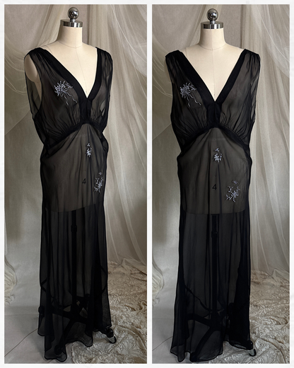 Vintage 1940's Nightgown - Sheer Black Rayon Chiffon with Ice Blue 'Forget Me Not' Embroidery by Ro Jene | M, LG