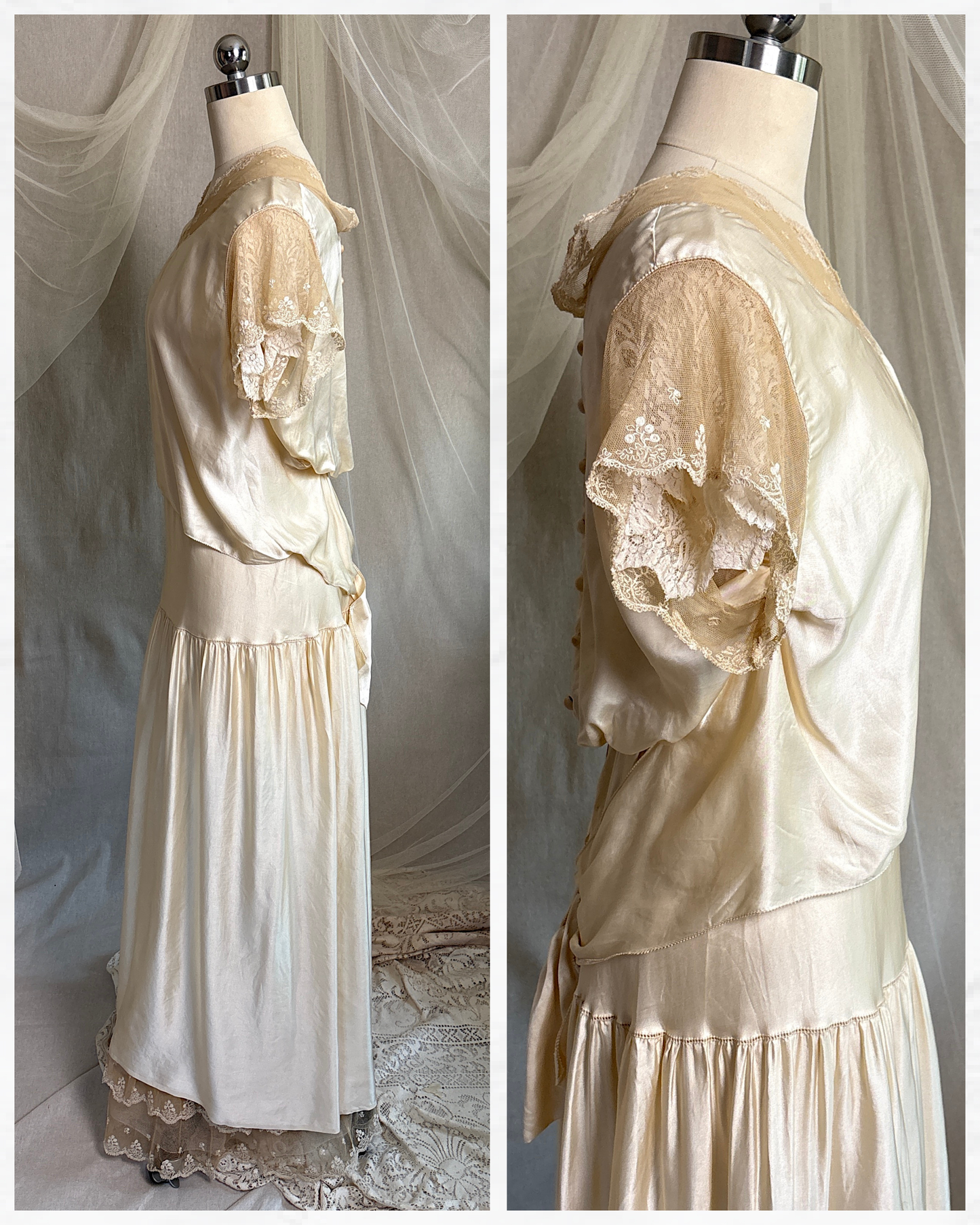 Antique 1920's Bridal Gown - Ivory Silk Satin with Cotton Tulle Lining & Ruffled Lace by Lyman's of Rochester | M
