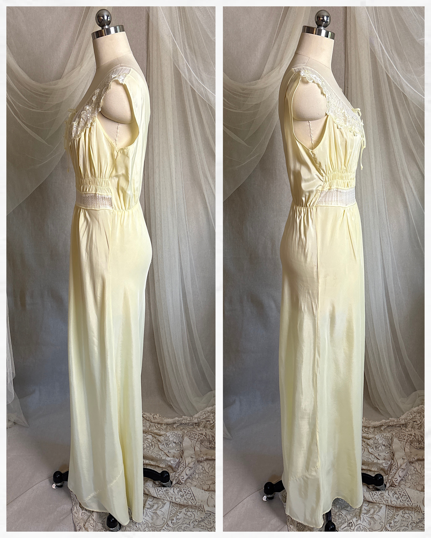 Vintage 1940's - 1950's Nightgown - Daffodil Yellow Rayon Crepe with Sheer White Nylon Chiffon | S, M