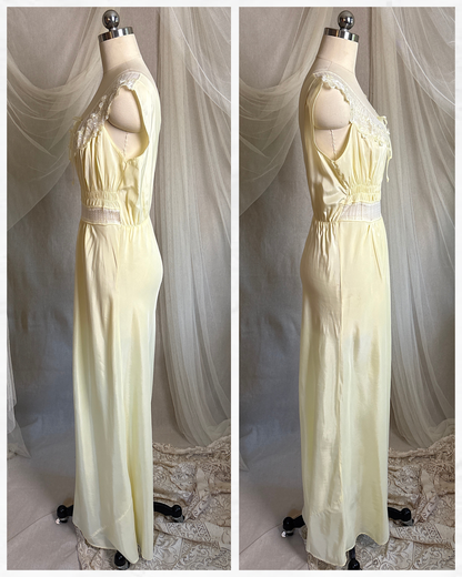 Vintage 1940's - 1950's Nightgown - Daffodil Yellow Rayon Crepe with Sheer White Nylon Chiffon | S, M
