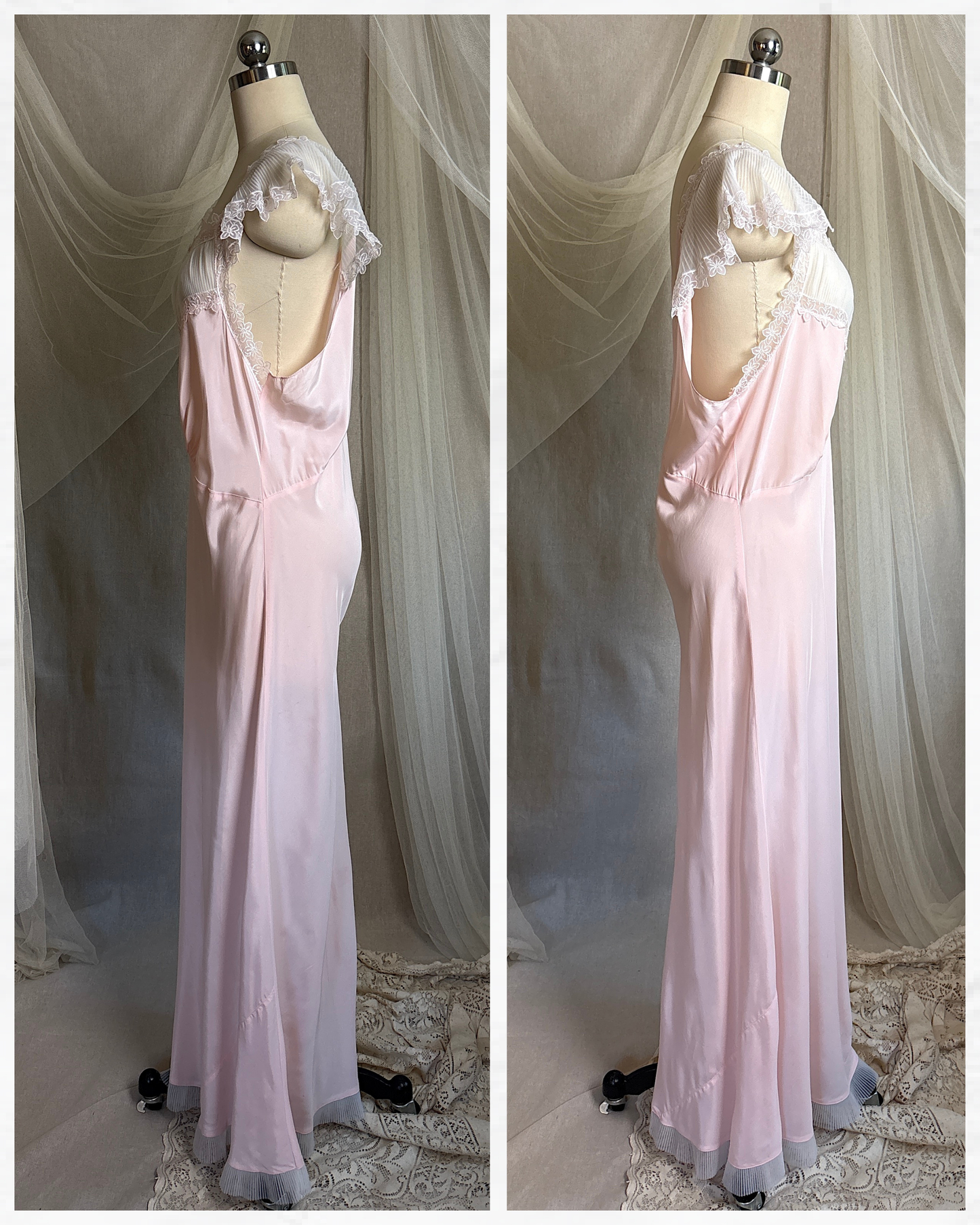Vintage 1940's - 1950's Nightgown - Candy Pink Crepe with Ruffled White Chiffon by Slenderstyle | XLG, XXL