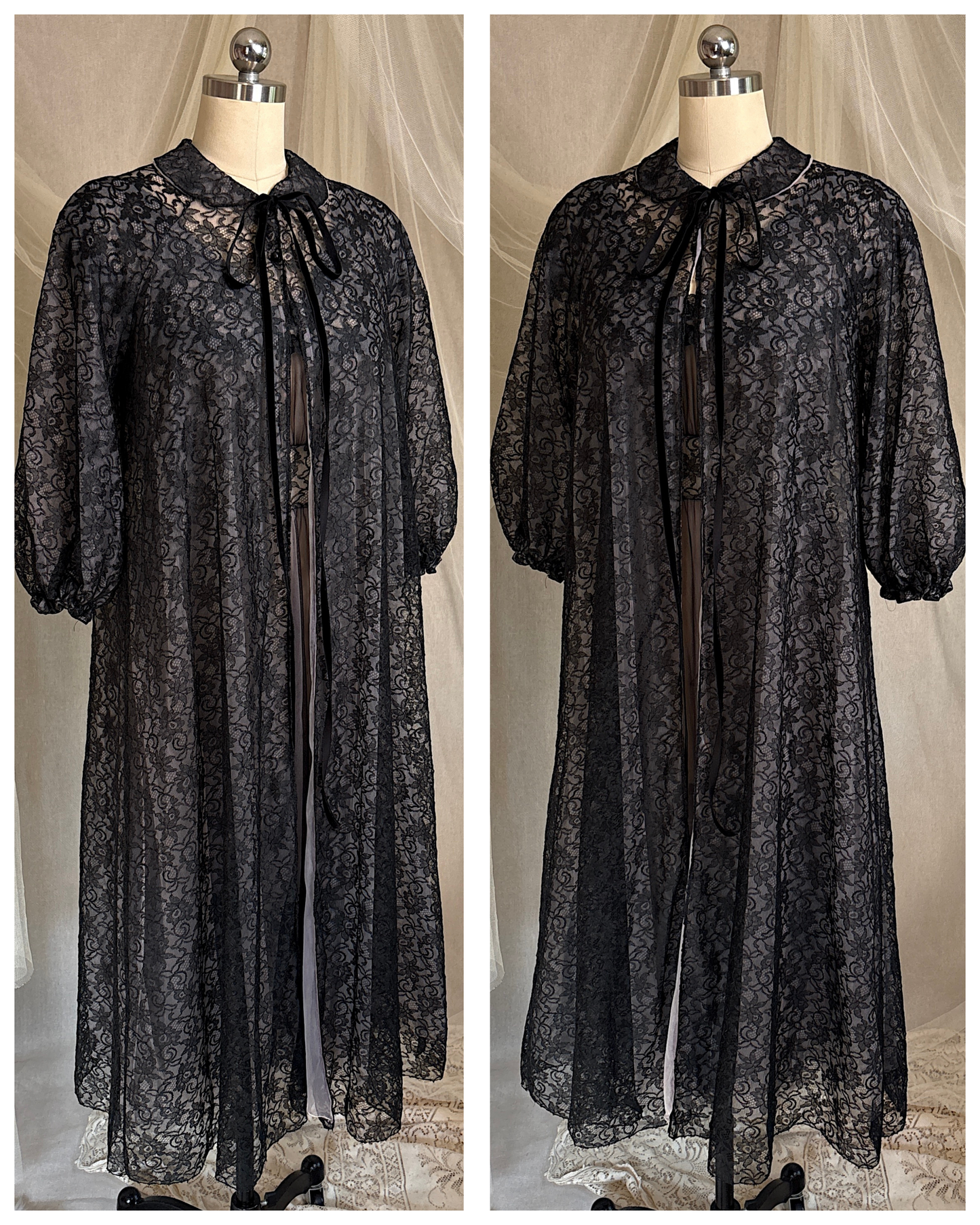 Vintage 1950's - 1960's Peignoir & Nightgown Set - Powder Pink Nylon Chiffon with Black Lace Overlay by Radcliffe | XS, S