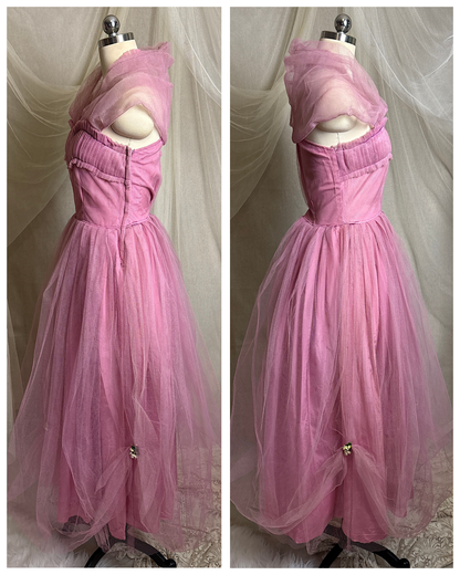 Vintage 1950's Cupcake Halter Dress - Lilac Purple Taffeta with Tulle Overlay & Floral Adornments | S, M