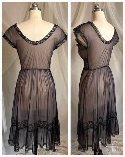 Vintage 1950's - 1960's Peignoir & Nightgown Set - Powder Pink Nylon Chiffon with Black Lace Overlay by Radcliffe | XS, S