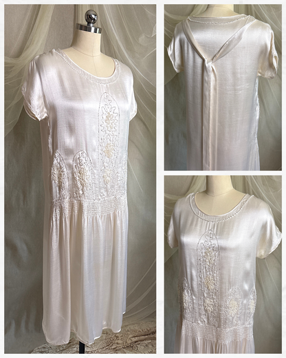 Antique 1920's Dress - Pearl White Rayon Celanese Satin with Heavy Beadwork | XS, S
