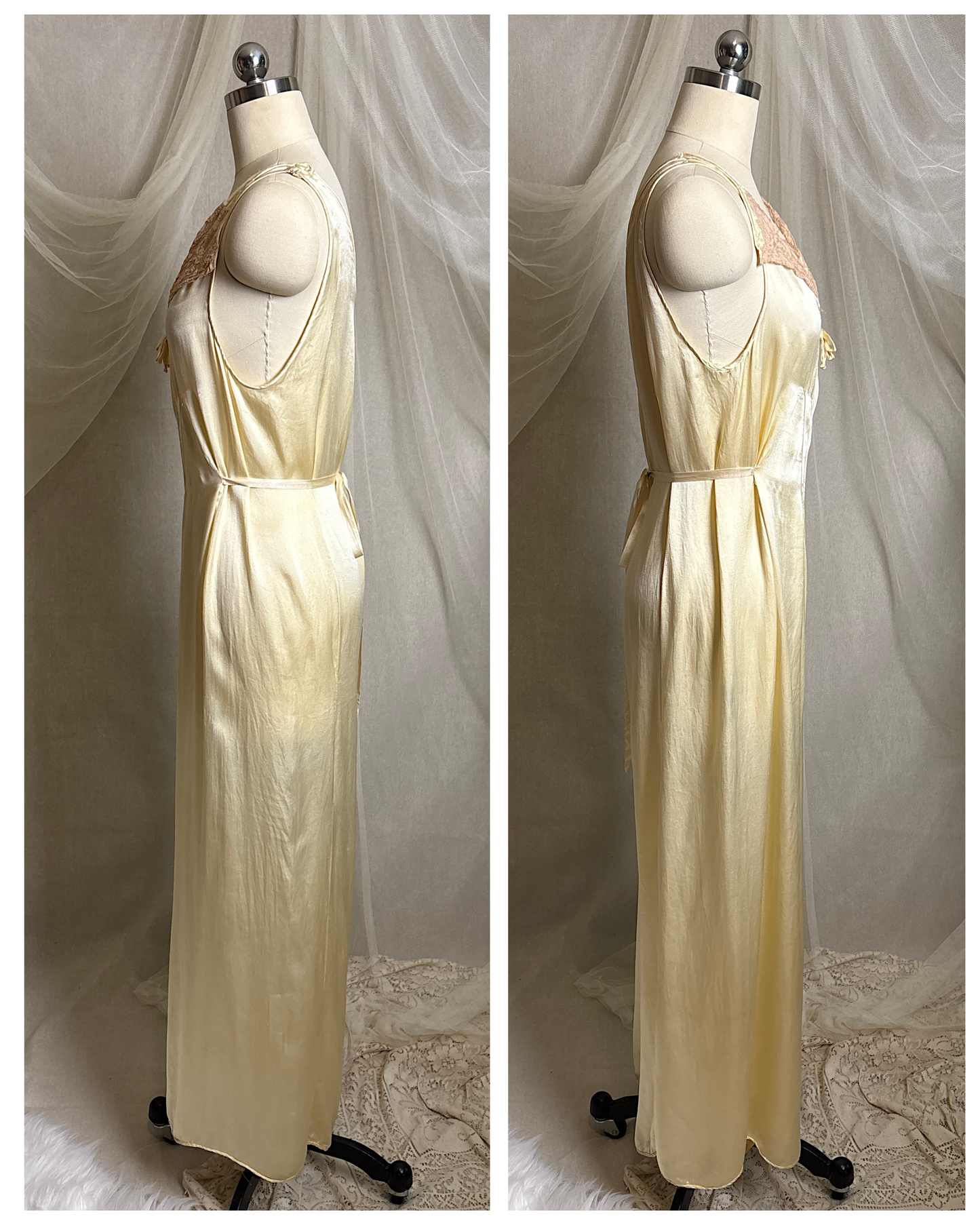 Vintage 1930's Jumpsuit Pajamas - Champagne Gold Silk Satin with Warm Ecru Lace | S, M