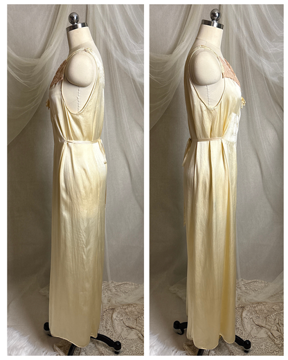 Vintage 1930's Jumpsuit Pajamas - Champagne Gold Silk Satin with Warm Ecru Lace | S, M
