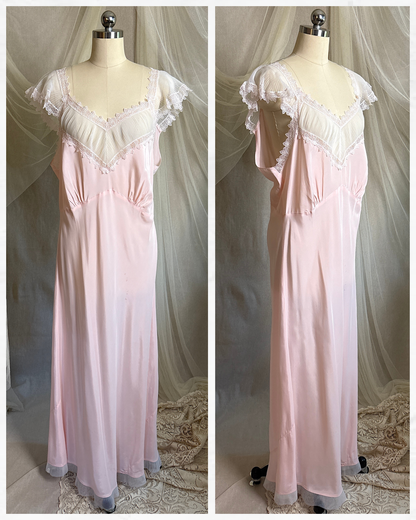 Vintage 1940's - 1950's Nightgown - Candy Pink Crepe with Ruffled White Chiffon by Slenderstyle | XLG, XXL