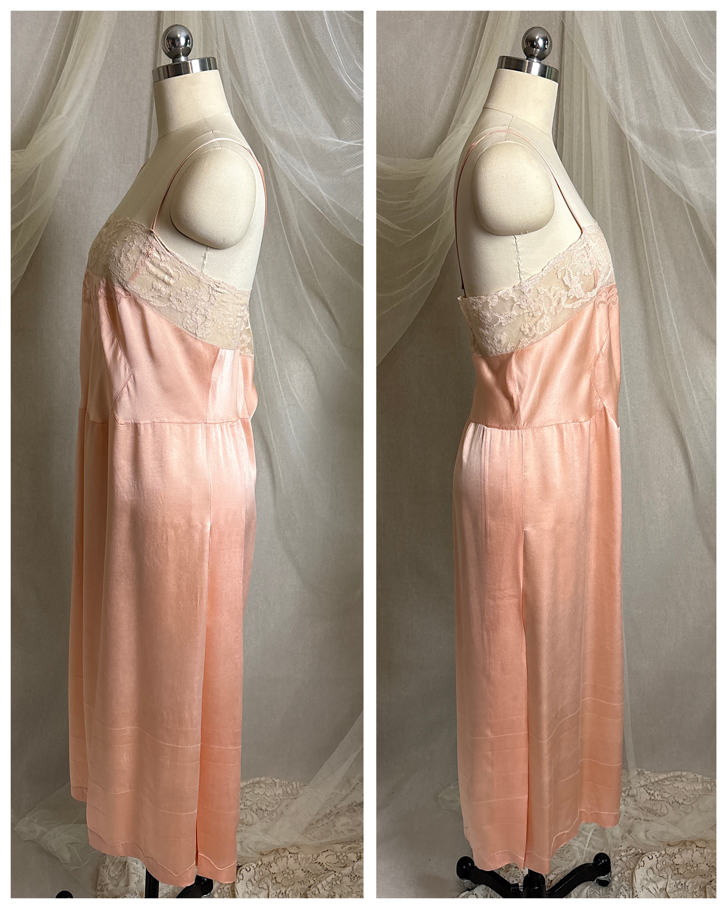 Antique 1920's Slip - Hand Stitched Coral Pink Silk Satin with Monogram Embroidery & Lace | LG, XL