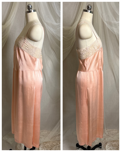 Antique 1920's Slip - Hand Stitched Coral Pink Silk Satin with Monogram Embroidery & Lace | LG, XL