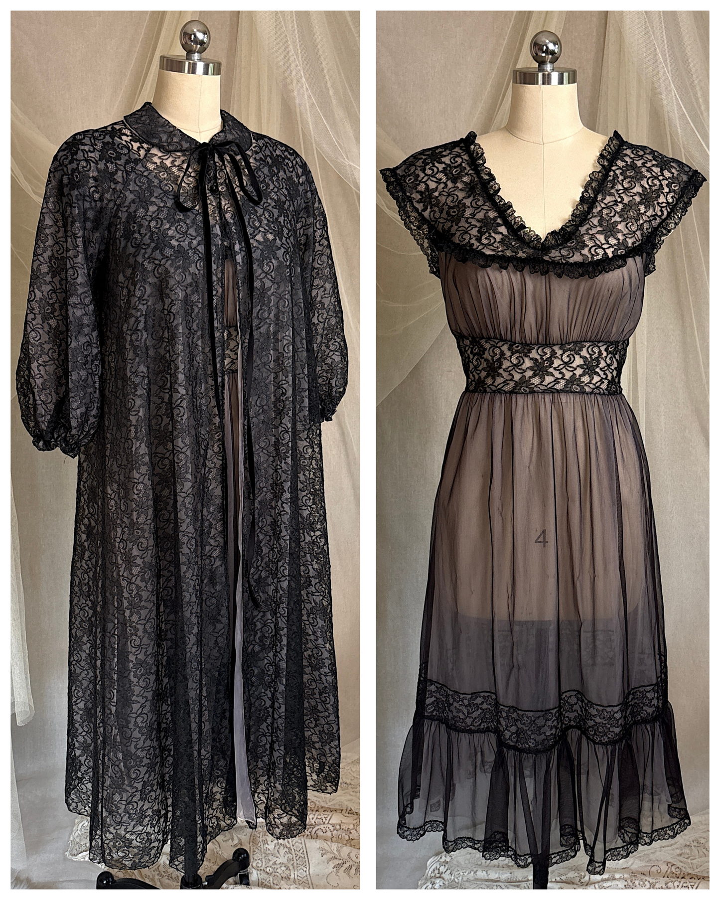 Vintage 1950's - 1960's Peignoir & Nightgown Set - Powder Pink Nylon Chiffon with Black Lace Overlay by Radcliffe | XS, S