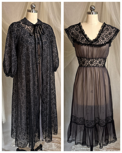 Vintage 1950's - 1960's Peignoir & Nightgown Set - Powder Pink Nylon Chiffon with Black Lace Overlay by Radcliffe | XS, S