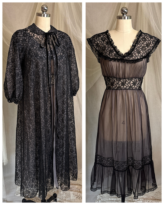 Vintage 1950's - 1960's Peignoir & Nightgown Set - Powder Pink Nylon Chiffon with Black Lace Overlay by Radcliffe | XS, S