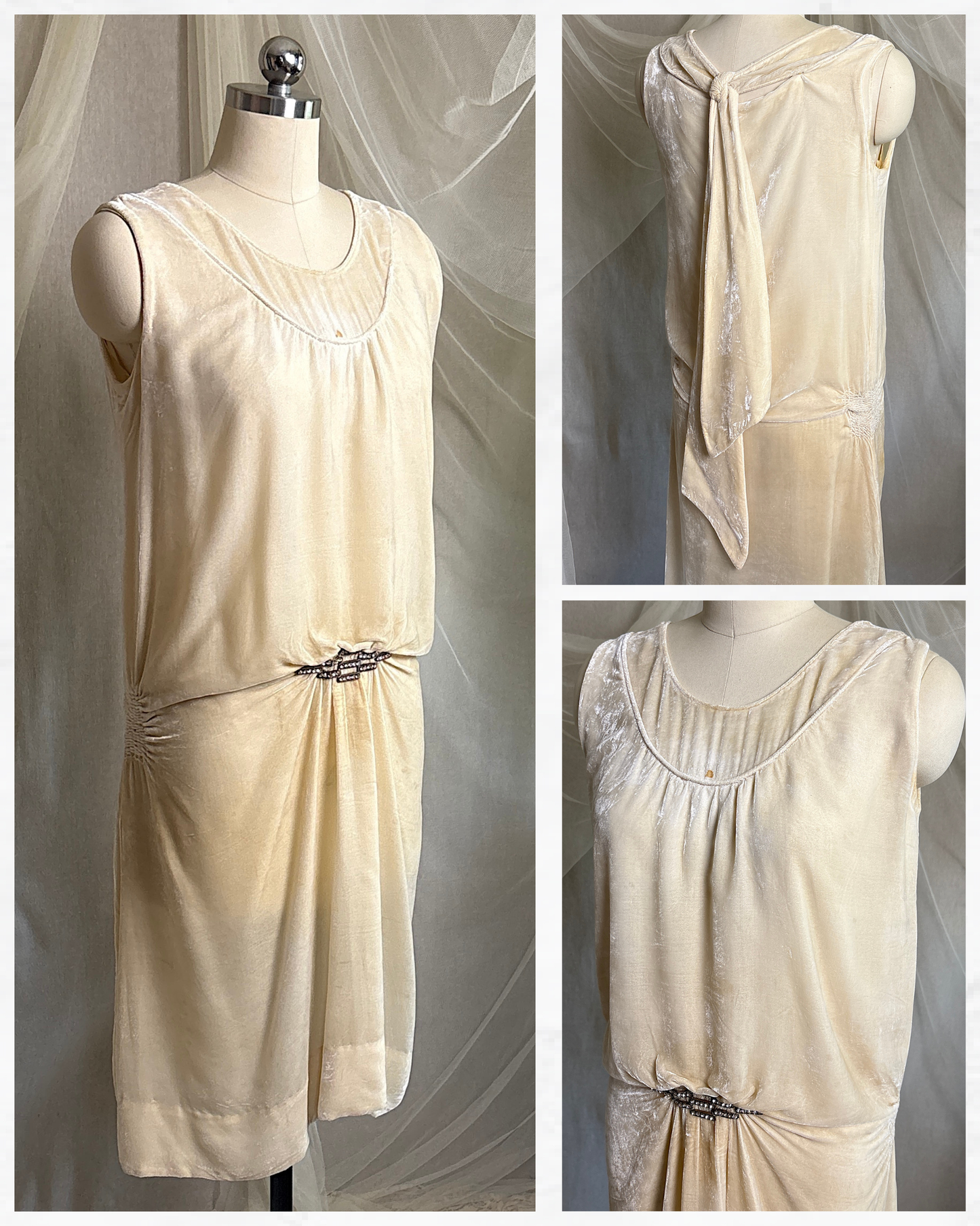 Antique 1920's Dress - Warm Ivory Silk Velvet with Rhinestone Embellishment & Sash Neckline | XS