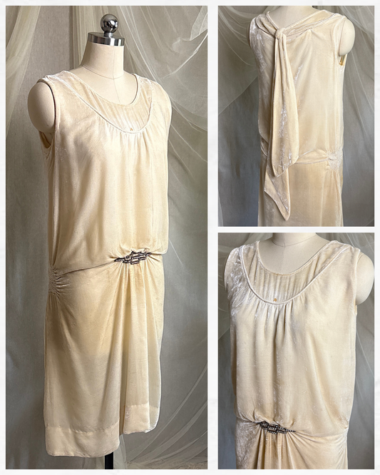 Antique 1920's Dress - Warm Ivory Silk Velvet with Rhinestone Embellishment & Sash Neckline | XS