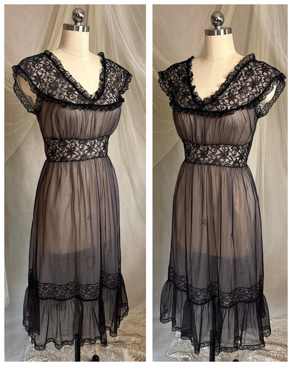 Vintage 1950's - 1960's Peignoir & Nightgown Set - Powder Pink Nylon Chiffon with Black Lace Overlay by Radcliffe | XS, S