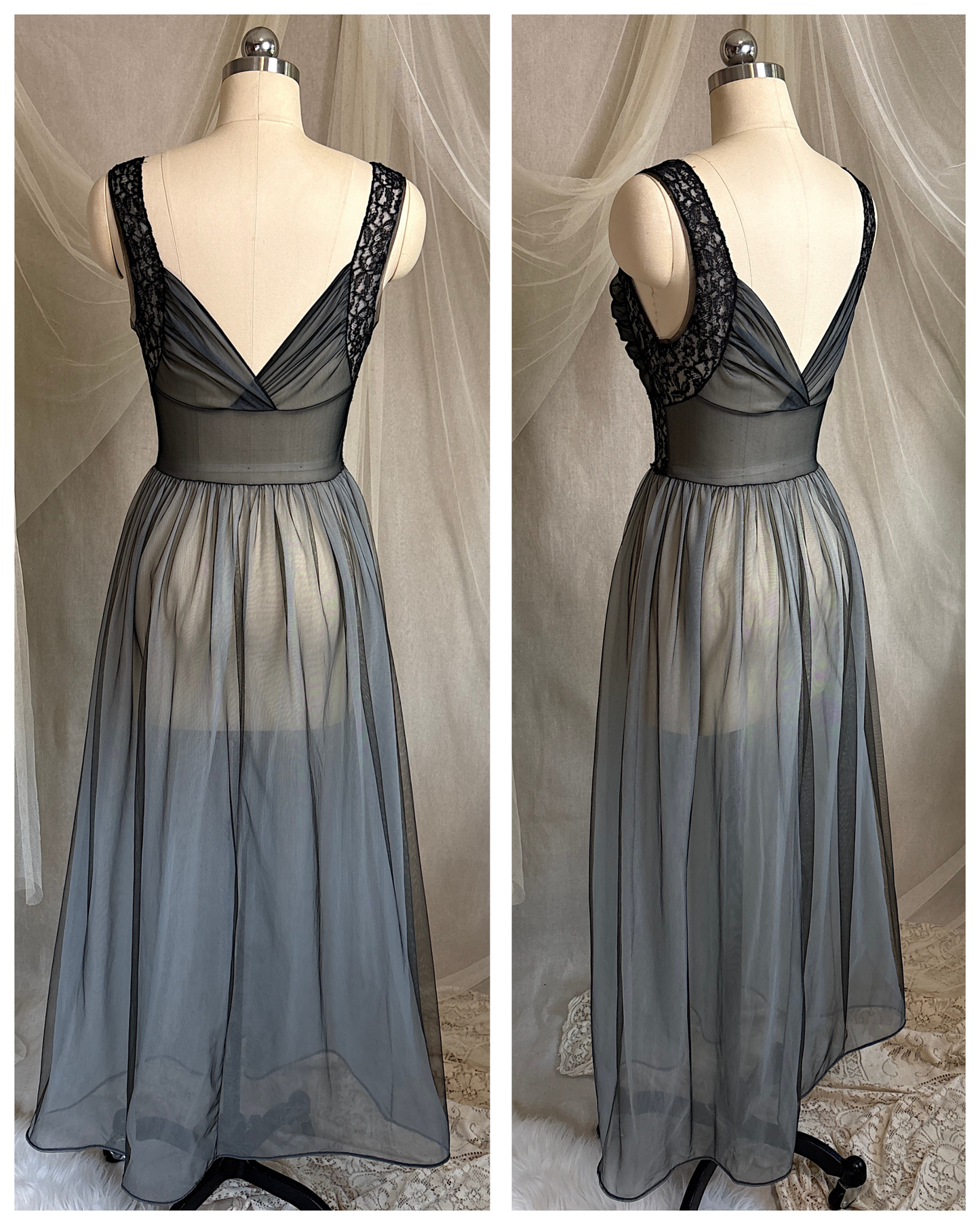 Vintage 1950's Nightgown & Peignoir Set - Icy Blue Nylon Chiffon with Black Lace Overlay by Rogers | XS