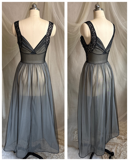 Vintage 1950's Nightgown & Peignoir Set - Icy Blue Nylon Chiffon with Black Lace Overlay by Rogers | XS