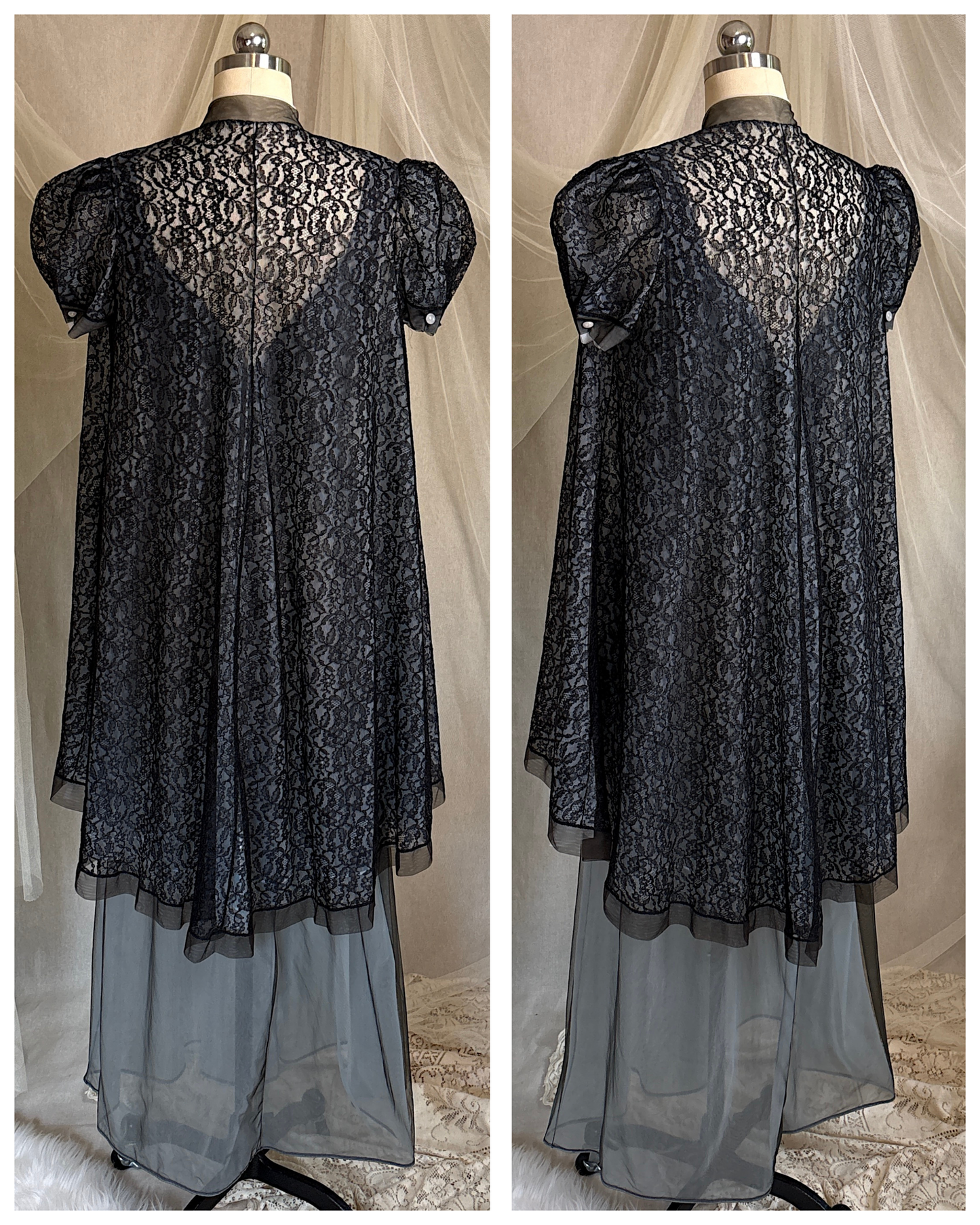 Vintage 1950's Nightgown & Peignoir Set - Icy Blue Nylon Chiffon with Black Lace Overlay by Rogers | XS