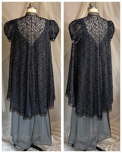 Vintage 1950's Nightgown & Peignoir Set - Icy Blue Nylon Chiffon with Black Lace Overlay by Rogers | XS