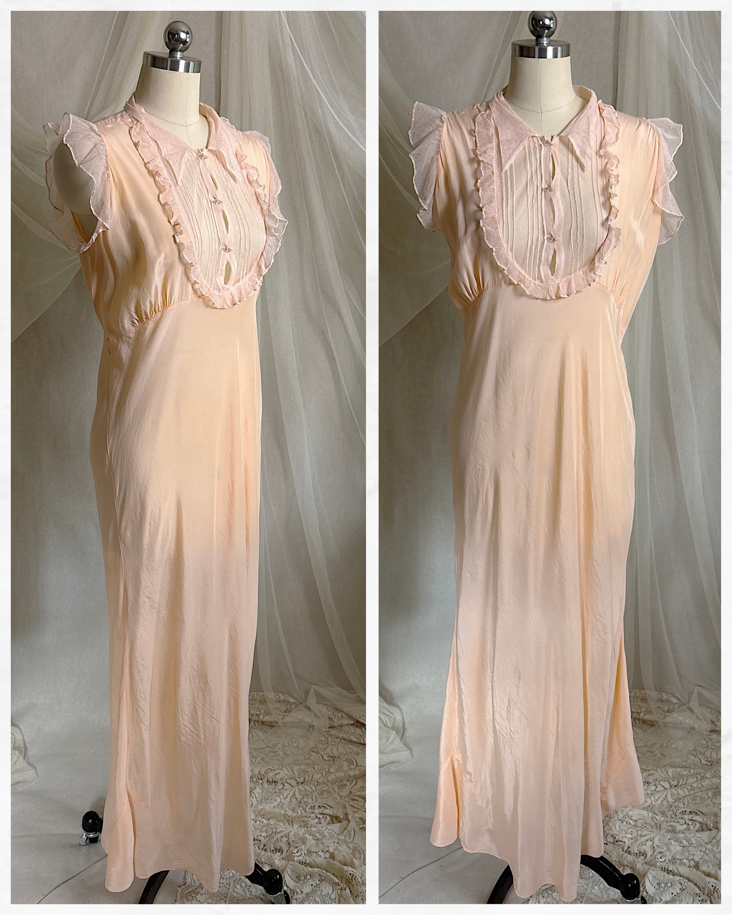 Vintage 1930's Nightgown - Palest Peach Silk Crepe with Ruffled Cotton Tulle | M, LG