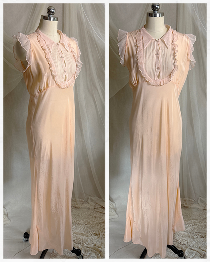 Vintage 1930's Nightgown - Palest Peach Silk Crepe with Ruffled Cotton Tulle | M, LG