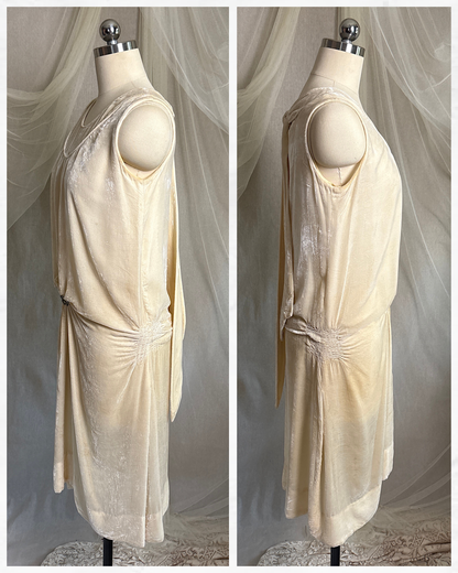 Antique 1920's Dress - Warm Ivory Silk Velvet with Rhinestone Embellishment & Sash Neckline | XS