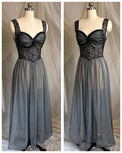 Vintage 1950's Nightgown & Peignoir Set - Icy Blue Nylon Chiffon with Black Lace Overlay by Rogers | XS