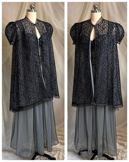 Vintage 1950's Nightgown & Peignoir Set - Icy Blue Nylon Chiffon with Black Lace Overlay by Rogers | XS