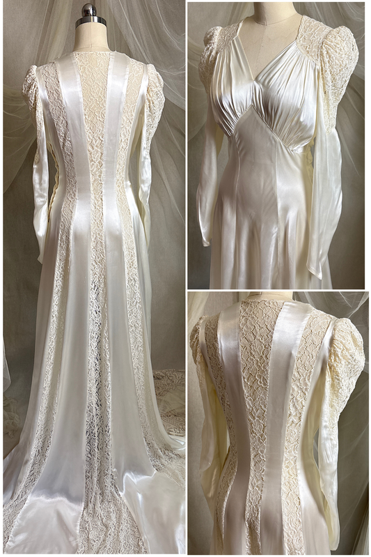 Vintage 1940's Wedding Dress - Pearl White Rayon Satin with Cotton Lace Panels | XS, S