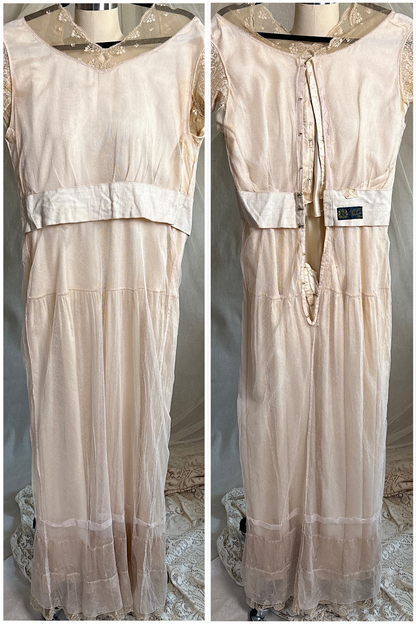 Antique 1920's Bridal Gown - Ivory Silk Satin with Cotton Tulle Lining & Ruffled Lace by Lyman's of Rochester | M