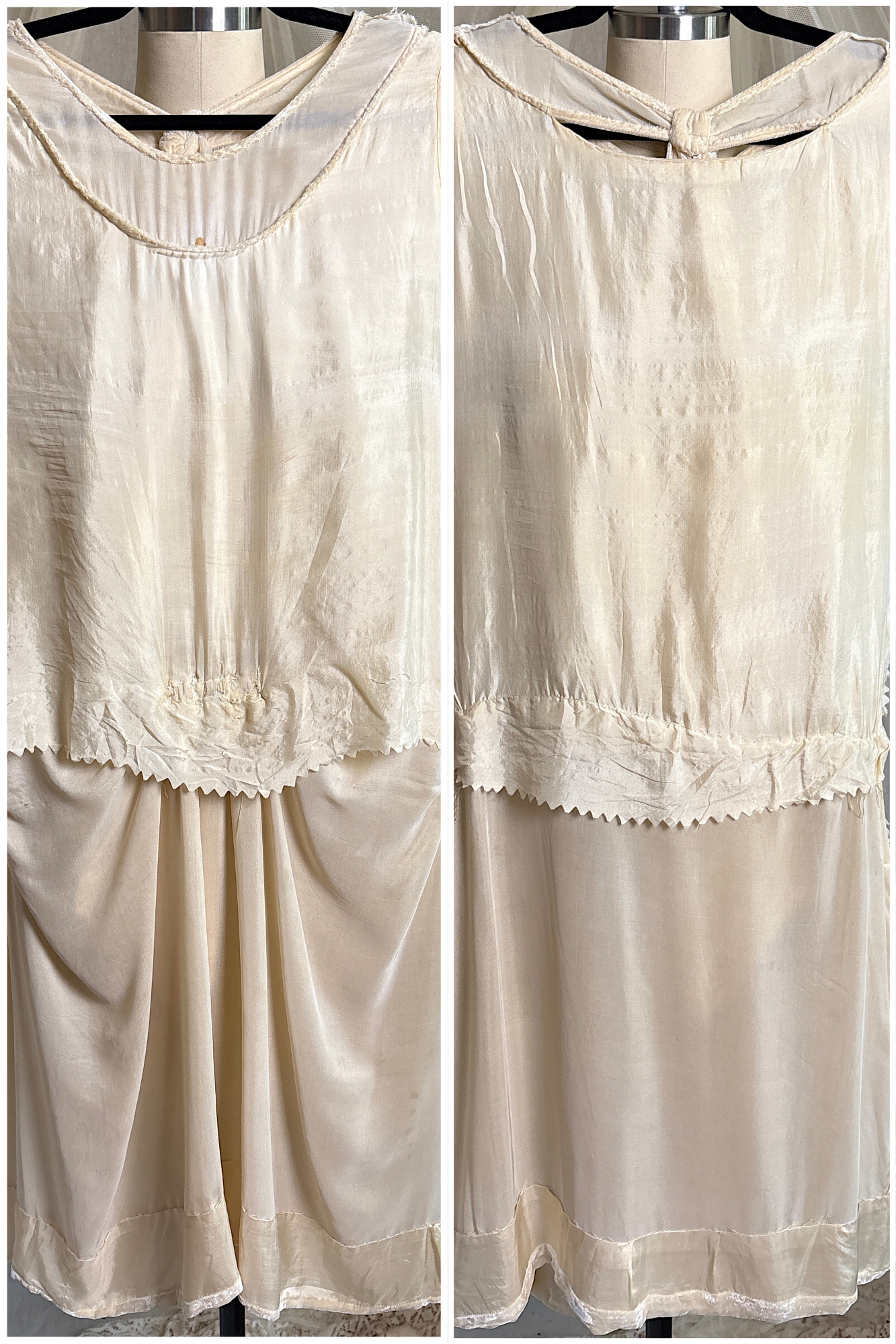 Antique 1920's Dress - Warm Ivory Silk Velvet with Rhinestone Embellishment & Sash Neckline | XS
