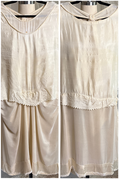 Antique 1920's Dress - Warm Ivory Silk Velvet with Rhinestone Embellishment & Sash Neckline | XS