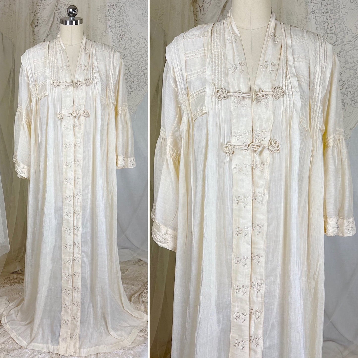 Antique 1900's 1910's Edwardian Robe - Semi Sheer White Silk with Pintuck Detail & Bell Sleeves - Daggers & Dames