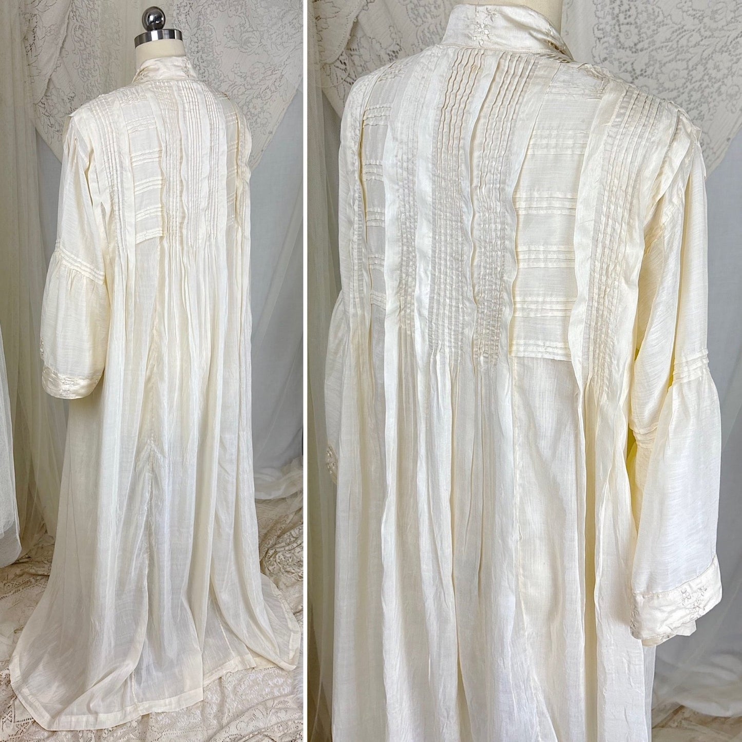 Antique 1900's 1910's Edwardian Robe - Semi Sheer White Silk with Pintuck Detail & Bell Sleeves - Daggers & Dames