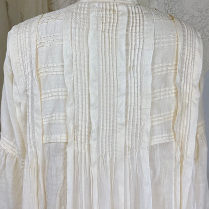 Antique 1900's 1910's Edwardian Robe - Semi Sheer White Silk with Pintuck Detail & Bell Sleeves - Daggers & Dames
