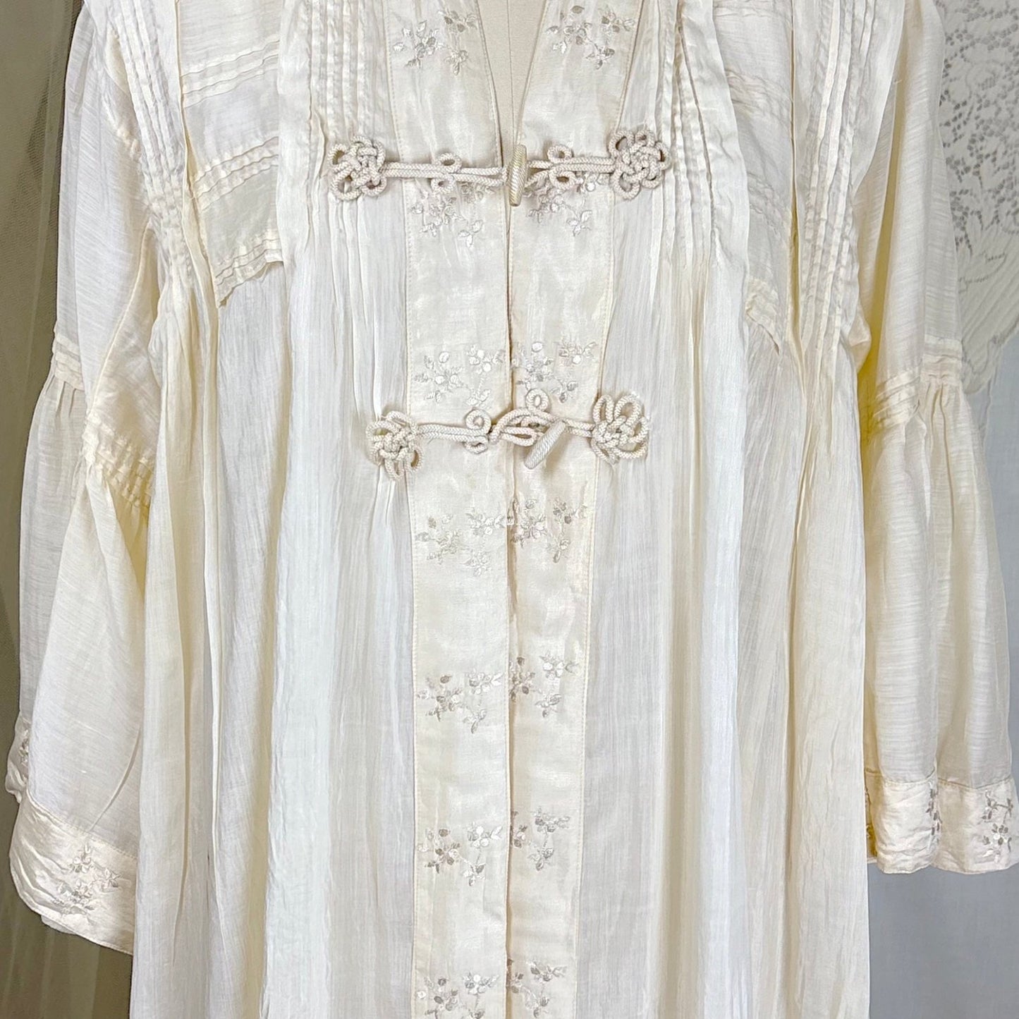 Antique 1900's 1910's Edwardian Robe - Semi Sheer White Silk with Pintuck Detail & Bell Sleeves - Daggers & Dames