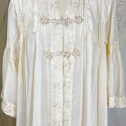 Antique 1900's 1910's Edwardian Robe - Semi Sheer White Silk with Pintuck Detail & Bell Sleeves - Daggers & Dames