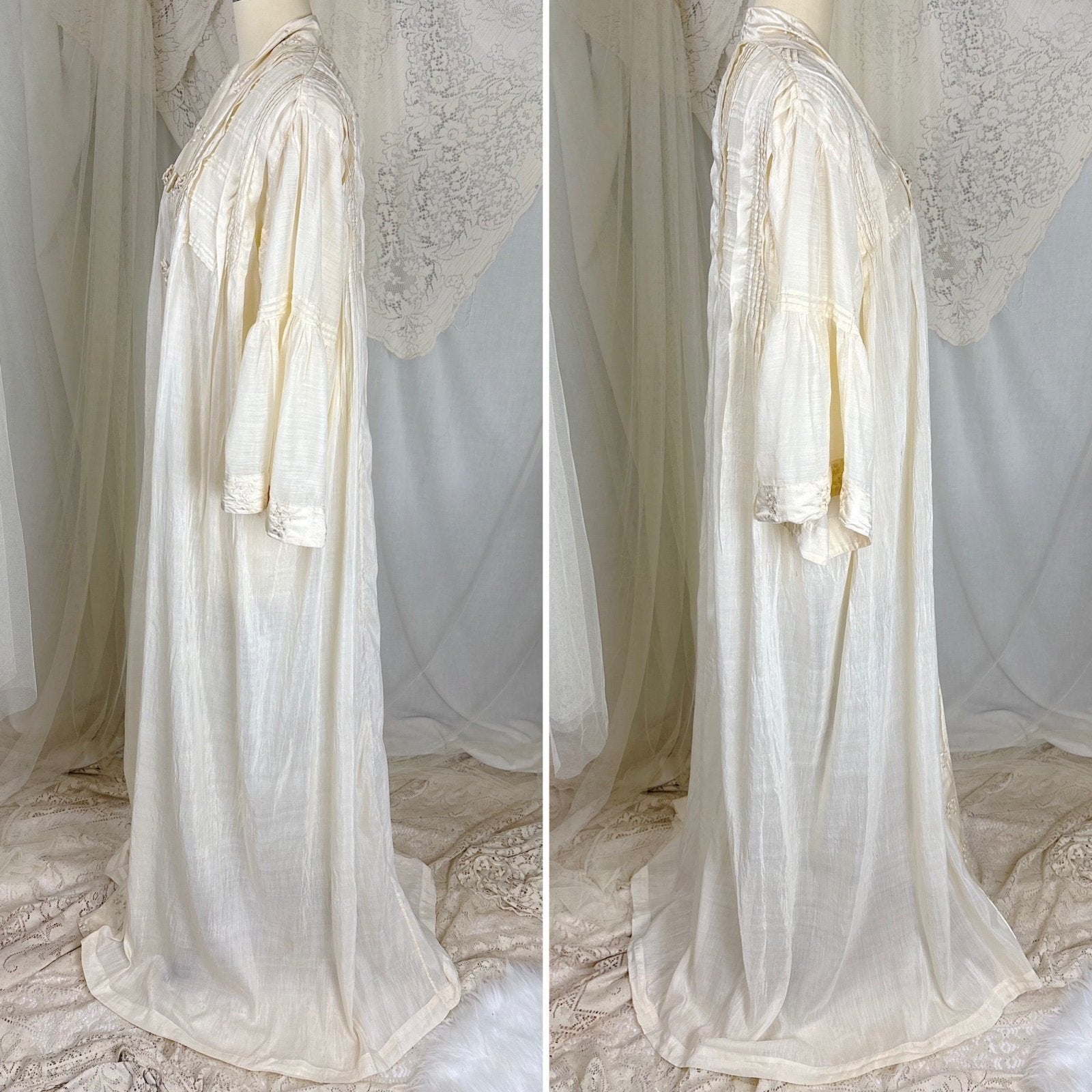 Antique 1900's 1910's Edwardian Robe - Semi Sheer White Silk with Pintuck Detail & Bell Sleeves - Daggers & Dames