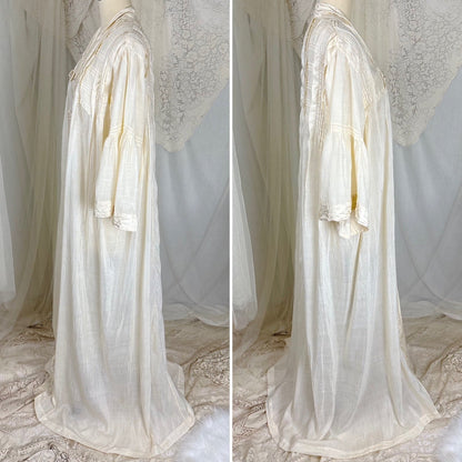 Antique 1900's 1910's Edwardian Robe - Semi Sheer White Silk with Pintuck Detail & Bell Sleeves - Daggers & Dames