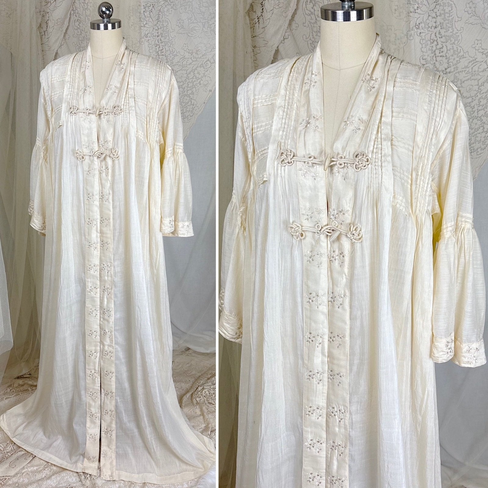 Antique 1900's 1910's Edwardian Robe - Semi Sheer White Silk with Pintuck Detail & Bell Sleeves - Daggers & Dames