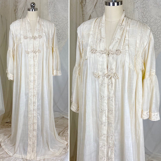 Antique 1900's 1910's Edwardian Robe - Semi Sheer White Silk with Pintuck Detail & Bell Sleeves - Daggers & Dames