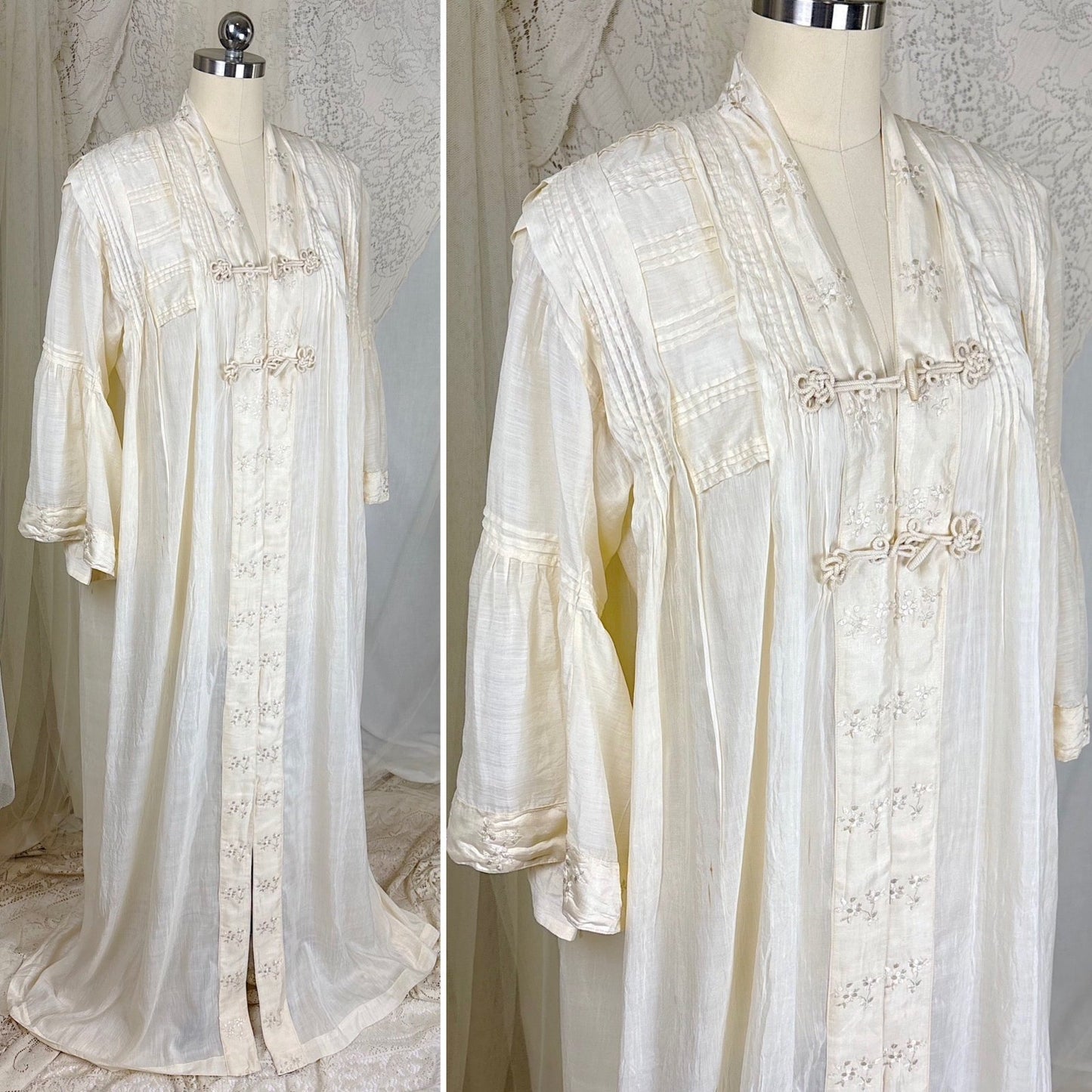 Antique 1900's 1910's Edwardian Robe - Semi Sheer White Silk with Pintuck Detail & Bell Sleeves - Daggers & Dames