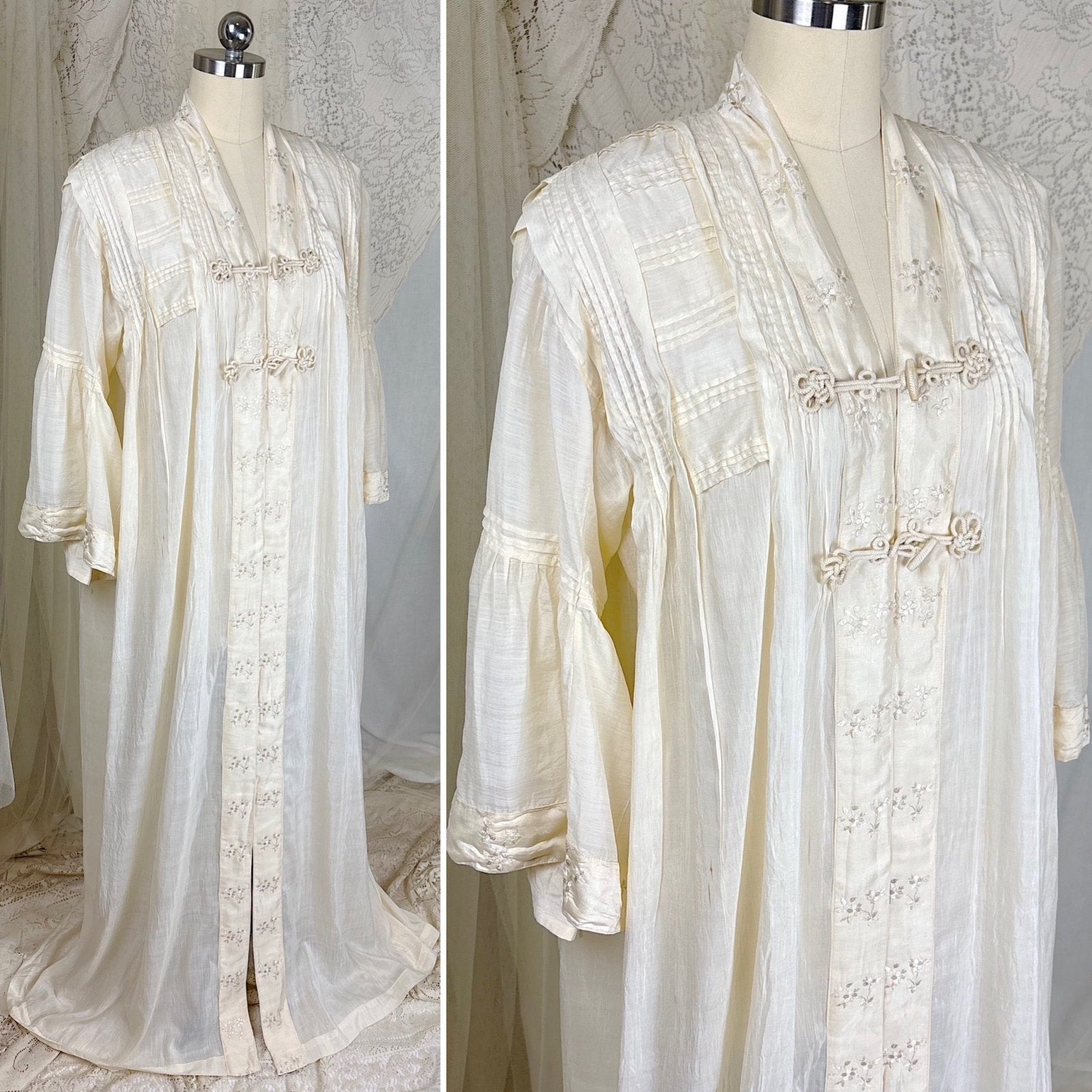 Antique 1900's 1910's Edwardian Robe - Semi Sheer White Silk with Pintuck Detail & Bell Sleeves - Daggers & Dames