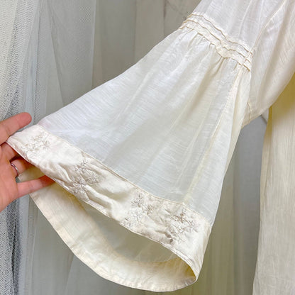 Antique 1900's 1910's Edwardian Robe - Semi Sheer White Silk with Pintuck Detail & Bell Sleeves - Daggers & Dames