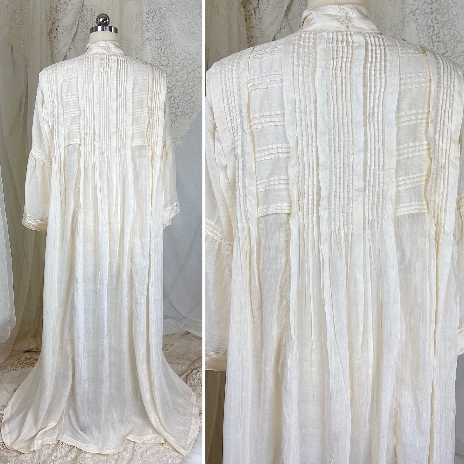 Antique 1900's 1910's Edwardian Robe - Semi Sheer White Silk with Pintuck Detail & Bell Sleeves - Daggers & Dames
