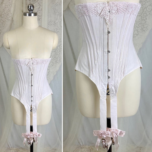 Antique 1900's - 1910's Palest Pink Cotton Coutil Underbust Corset with Floral Lace & Satin Bows, size 24 waist - Daggers & Dames